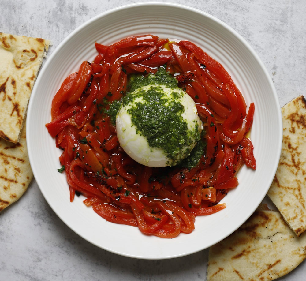 Burrata with Grilled Red Peppers and Chimichurri 